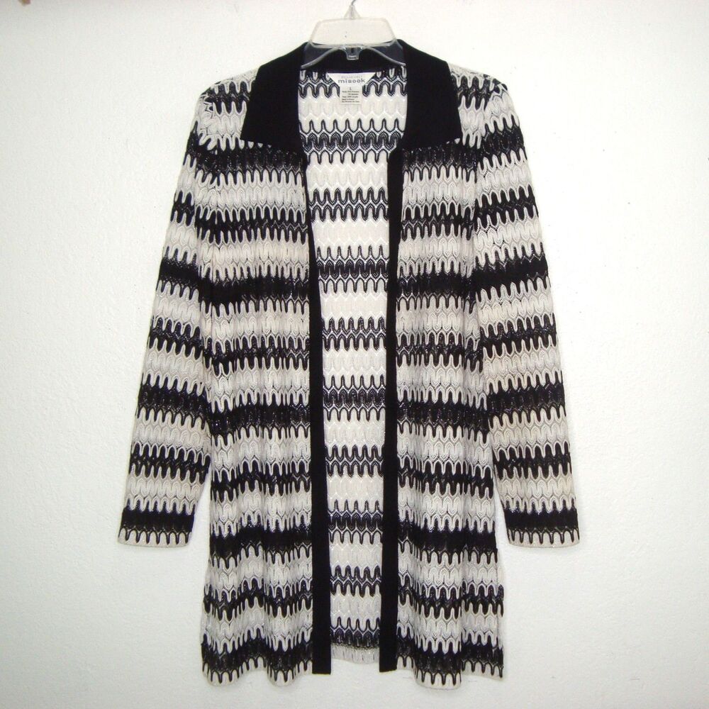 Exclusively Misook Long Cardigan Jacket Black White Silver Size L Wavy Chevron
